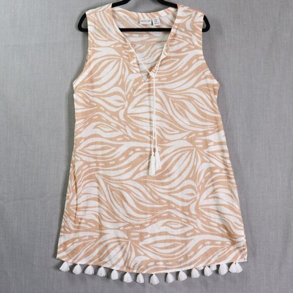 Rachel Zoe Linen Blend Tunic Dress Cover-Up Size M Beige White Tassel Hem Beach - Picture 12 of 14